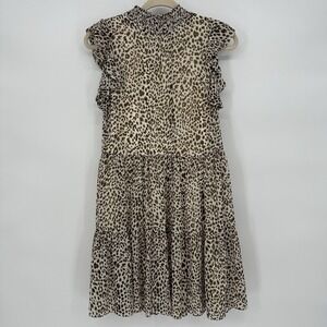 Sam Edelman Leopard High Mock Neck Tiered Lined‎ Flutter Sleeve Mini Dress Sz 4